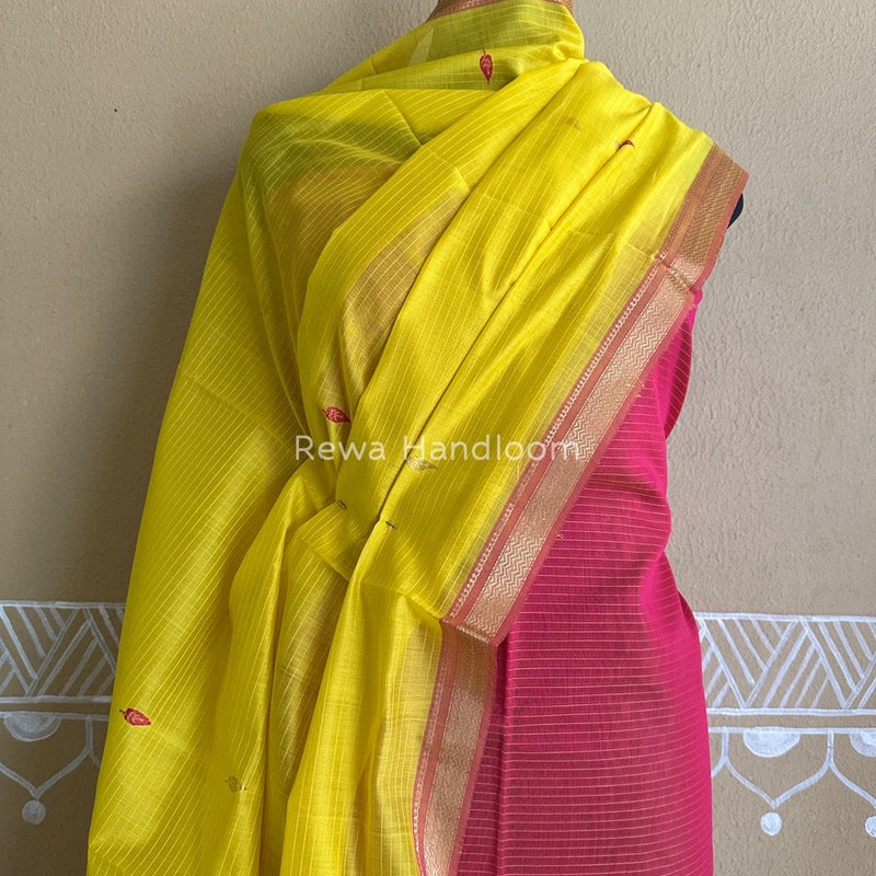 Maheshwari Rani Pink-Yellow Motifs Top-Dupatta Set PST0139
