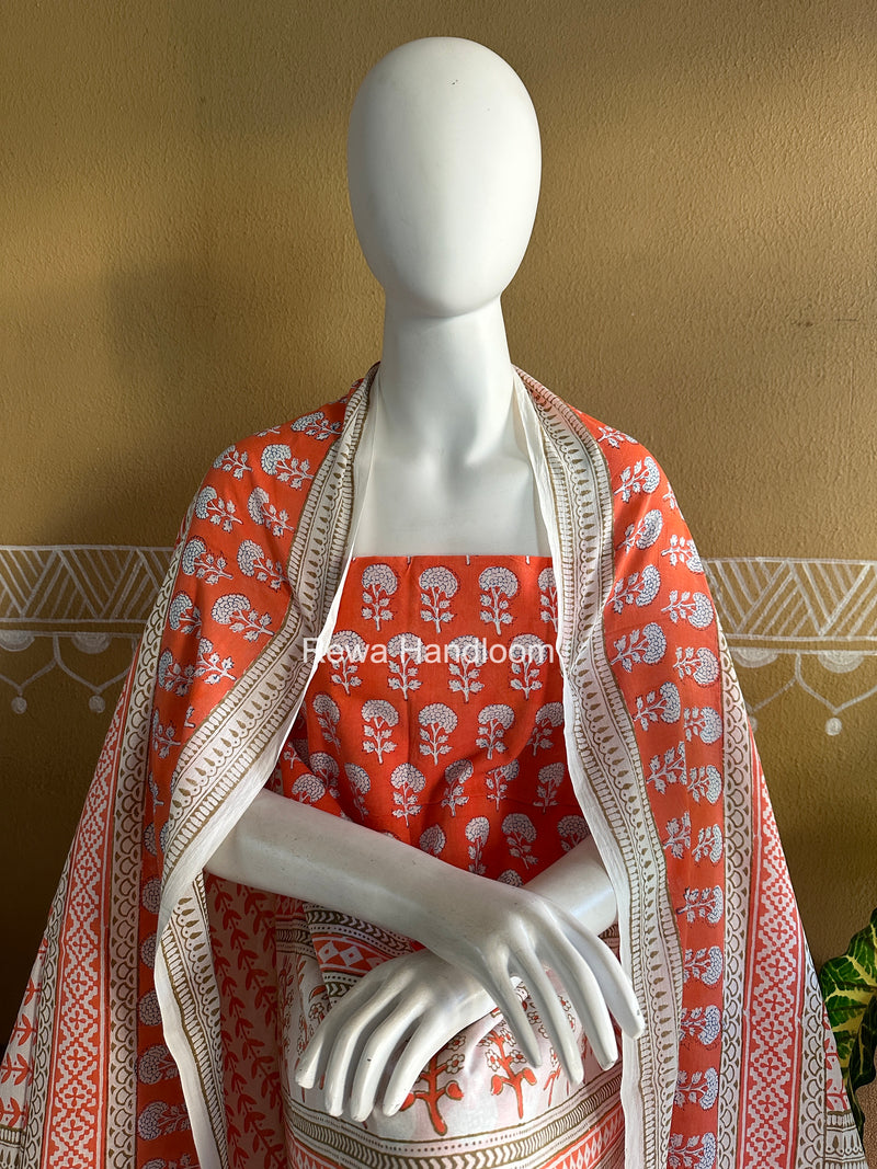 Orange-White Indigo Bagh Print Suit BCI093