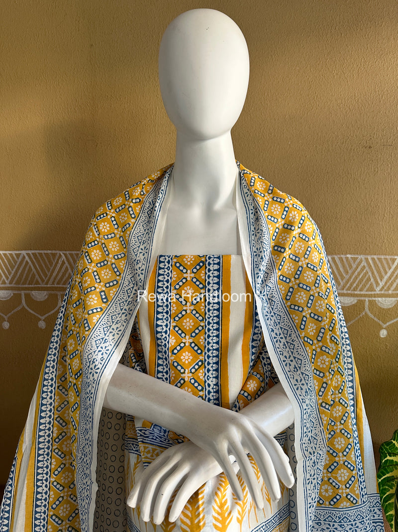 Yellow-White Indigo Bagh Print Suit BCI0101