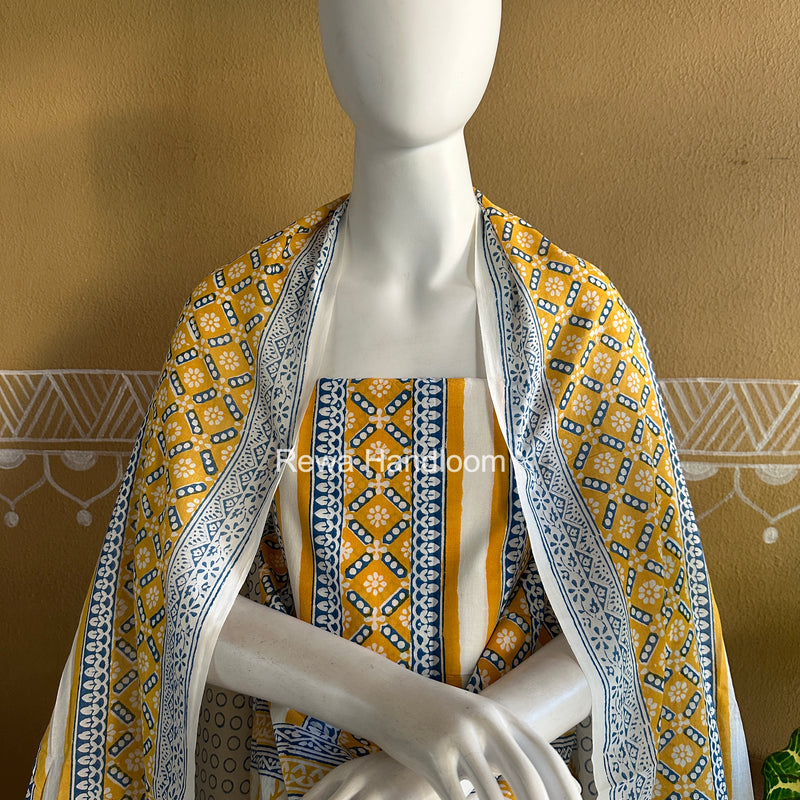 Yellow-White Indigo Bagh Print Suit BCI0101