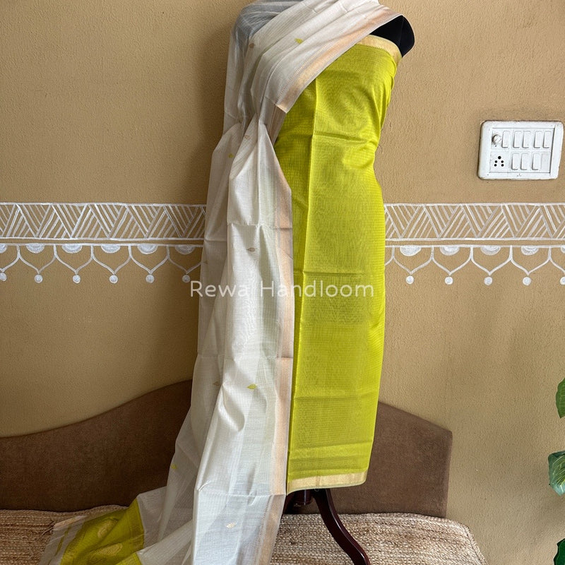 Maheshwari Bright Yellow-Off White Motifs Top-Dupatta Set PST0115