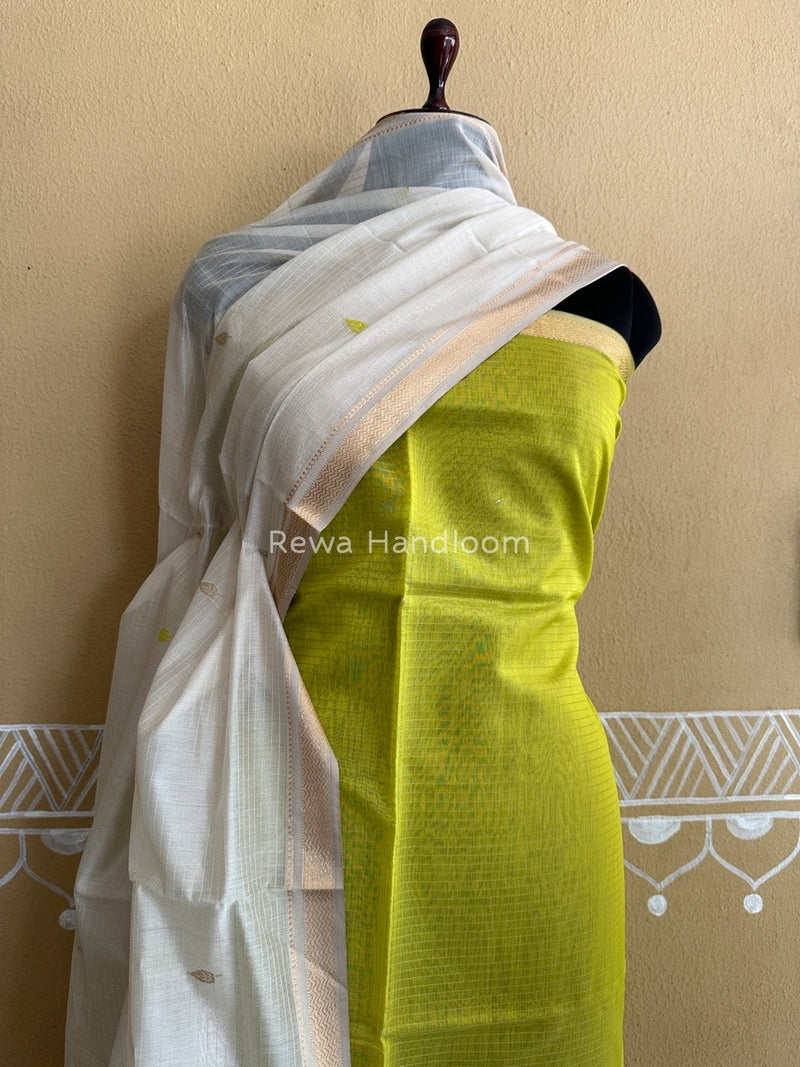 Maheshwari Bright Yellow-Off White Motifs Top-Dupatta Set PST0115