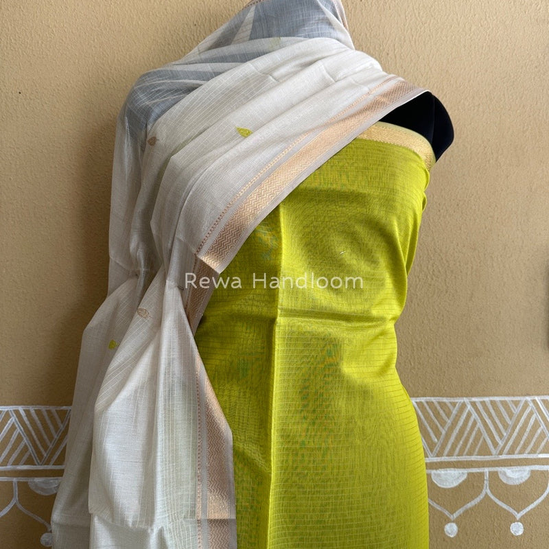 Maheshwari Bright Yellow-Off White Motifs Top-Dupatta Set PST0115