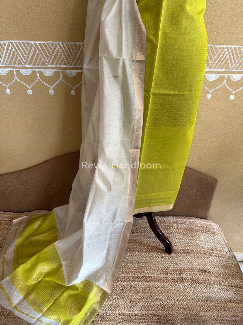 Maheshwari Bright Yellow-Off White Motifs Top-Dupatta Set PST0115