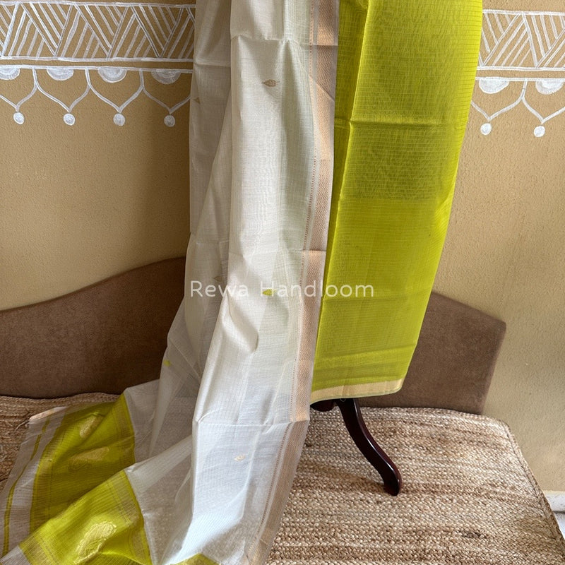 Maheshwari Bright Yellow-Off White Motifs Top-Dupatta Set PST0115