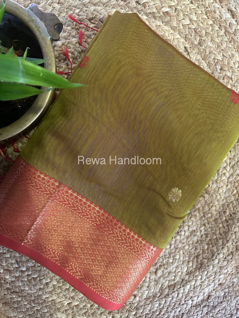 Mehendi Green Butta Zari Border Maheshwari Saree LBS026