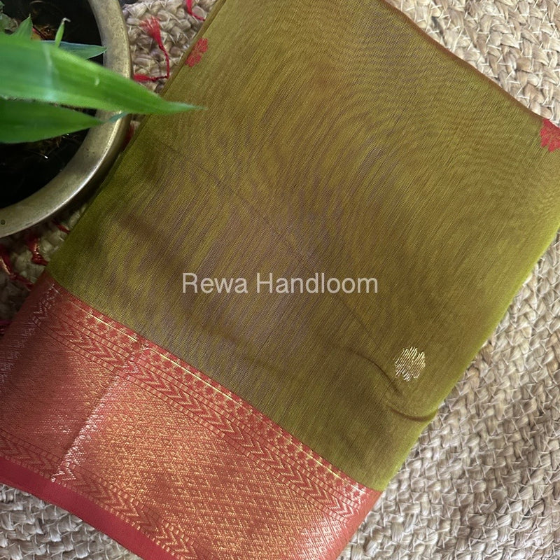 Mehendi Green Butta Zari Border Maheshwari Saree LBS026