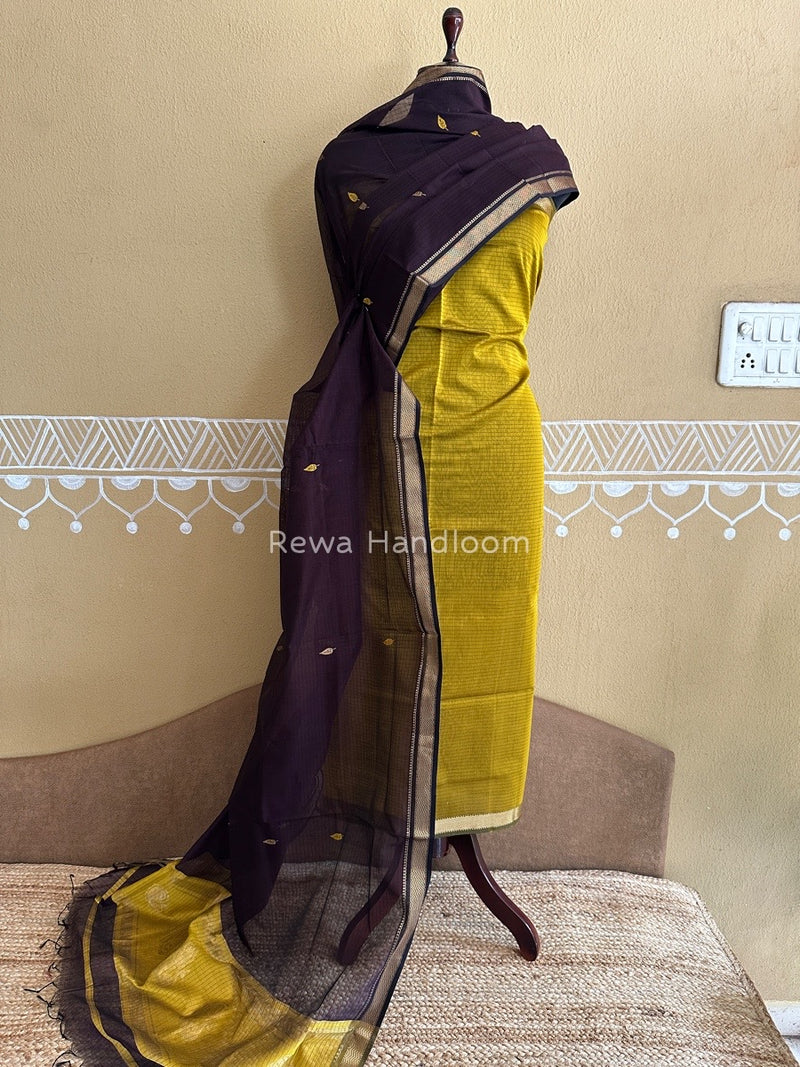Maheshwari Mustard Yellow-Coffee Motifs Top-Dupatta Set PST0119