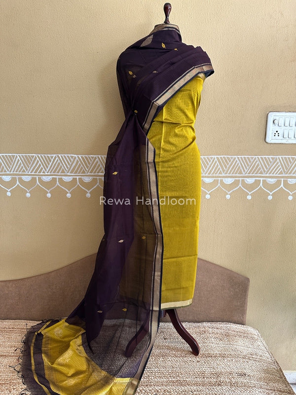 Maheshwari Mustard Yellow-Coffee Motifs Top-Dupatta Set PST0119