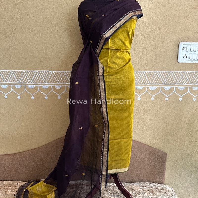 Maheshwari Mustard Yellow-Coffee Motifs Top-Dupatta Set PST0119