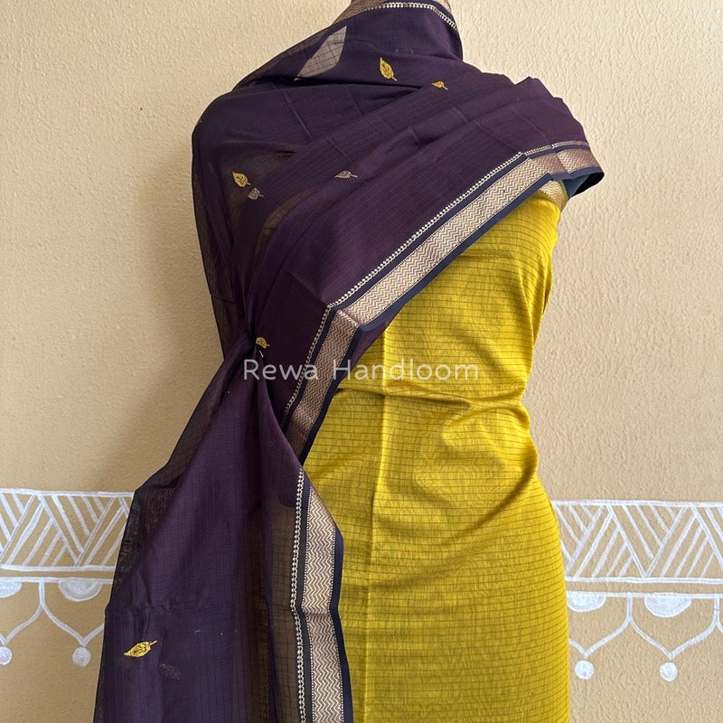 Maheshwari Mustard Yellow-Coffee Motifs Top-Dupatta Set PST0119
