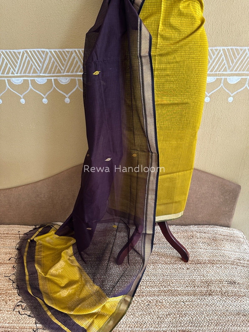 Maheshwari Mustard Yellow-Coffee Motifs Top-Dupatta Set PST0119