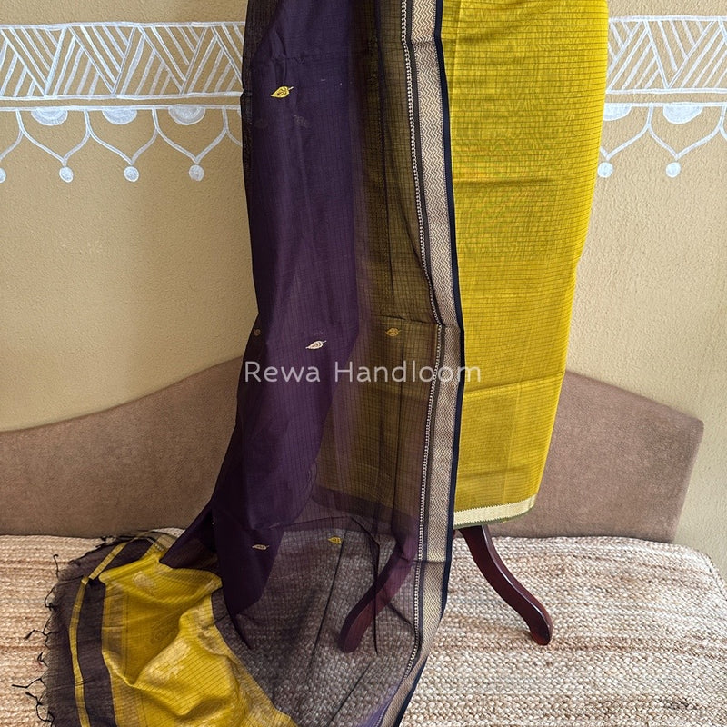 Maheshwari Mustard Yellow-Coffee Motifs Top-Dupatta Set PST0119