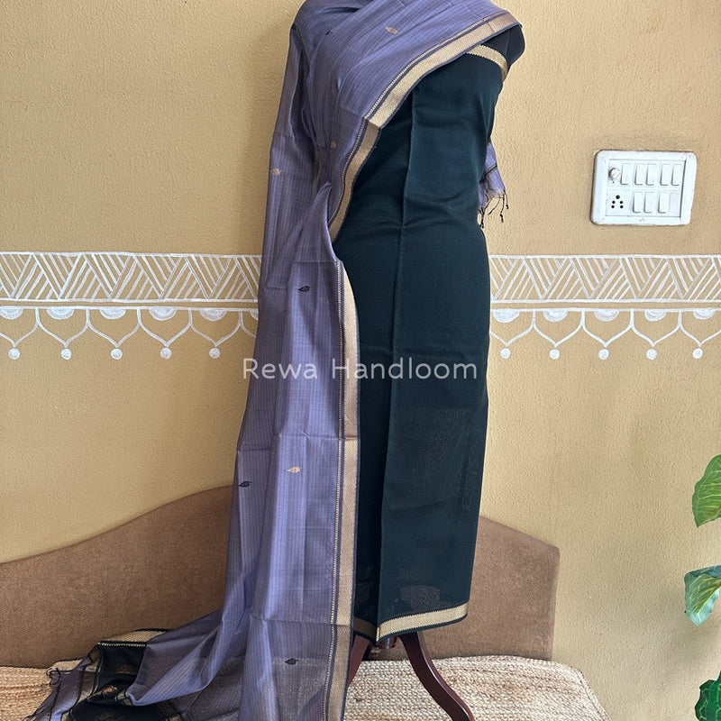 Maheshwari Dark Green-Light Purple Motifs Top-Dupatta Set PST0121