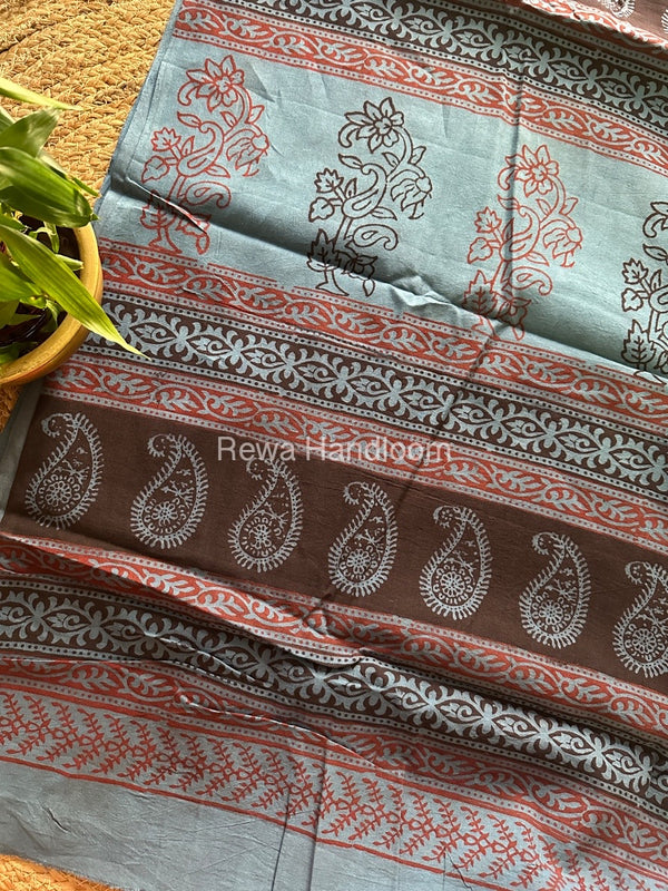 Teal Blue Bagh Print Cotton Saree NCBP12