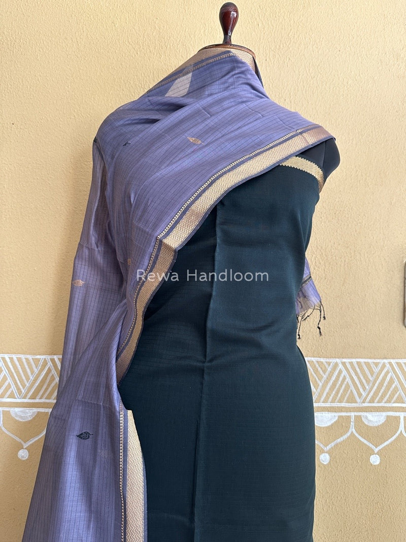 Maheshwari Dark Green-Light Purple Motifs Top-Dupatta Set PST0121