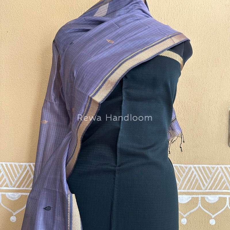 Maheshwari Dark Green-Light Purple Motifs Top-Dupatta Set PST0121