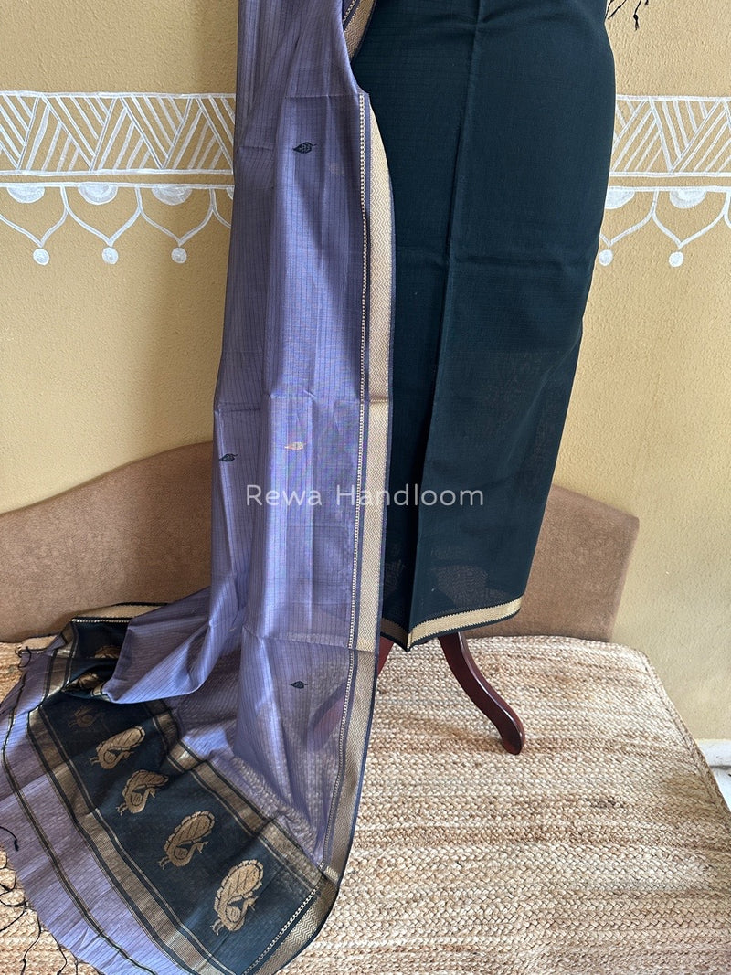 Maheshwari Dark Green-Light Purple Motifs Top-Dupatta Set PST0121
