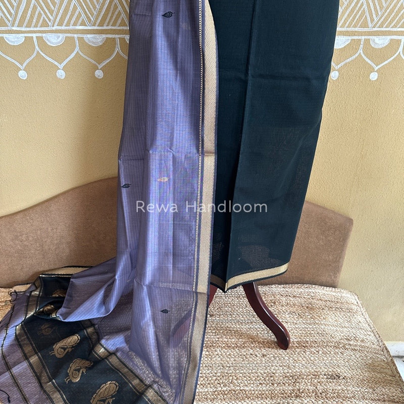 Maheshwari Dark Green-Light Purple Motifs Top-Dupatta Set PST0121