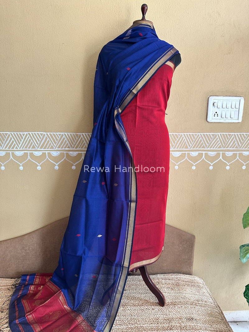 Maheshwari Red-Blue Motifs Top-Dupatta Set PST0120