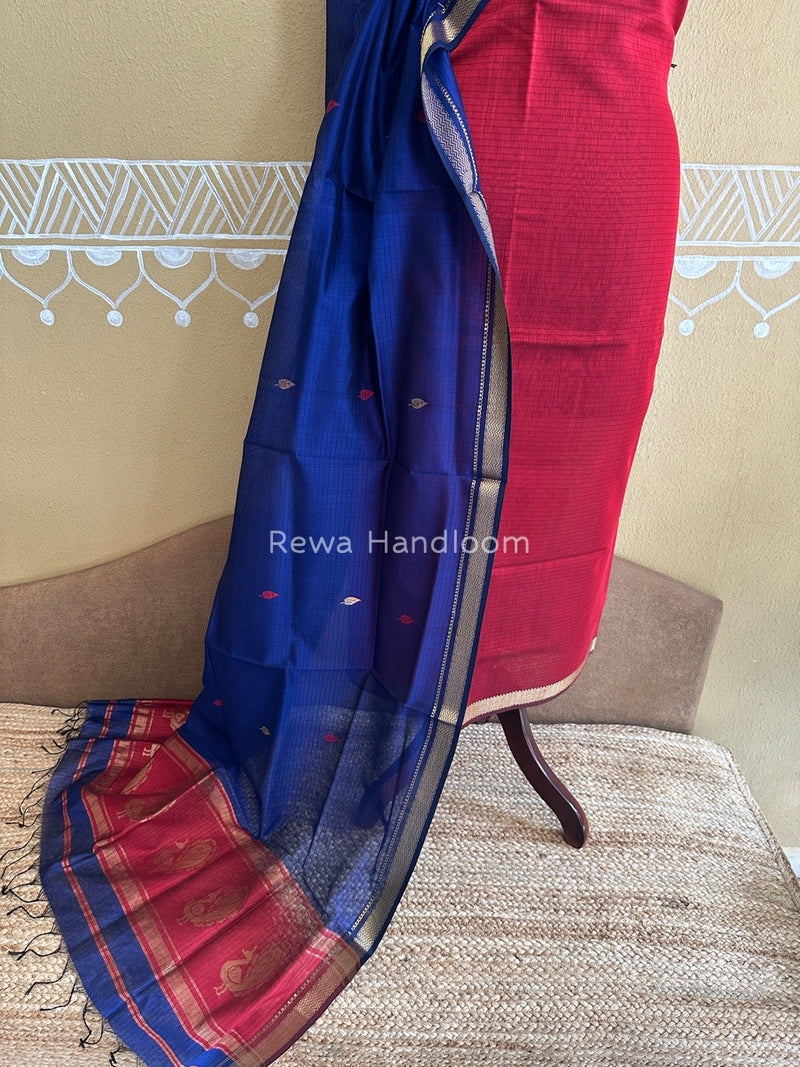 Maheshwari Red-Blue Motifs Top-Dupatta Set PST0120