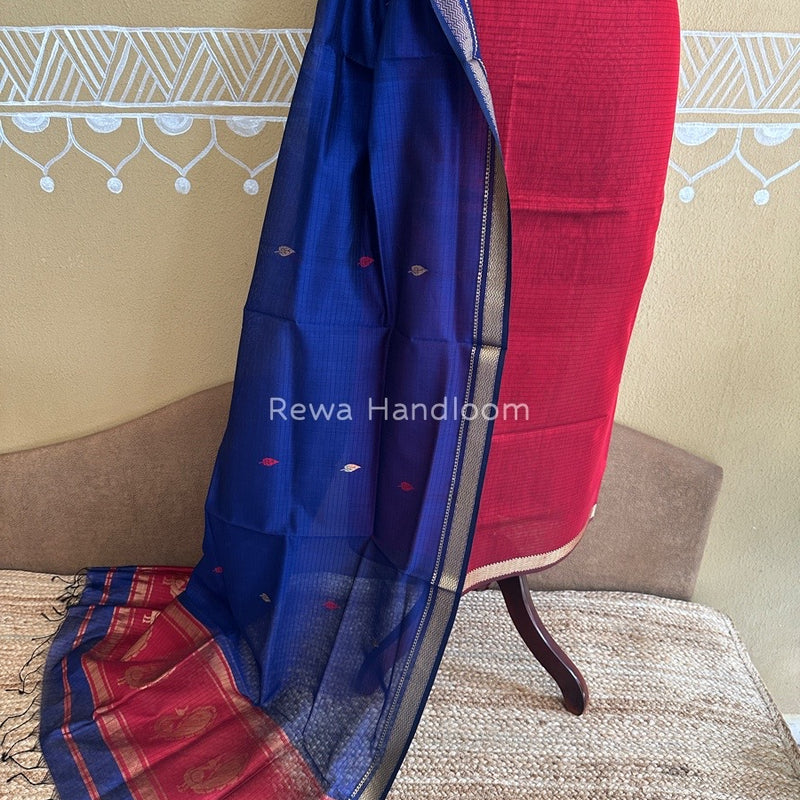 Maheshwari Red-Blue Motifs Top-Dupatta Set PST0120