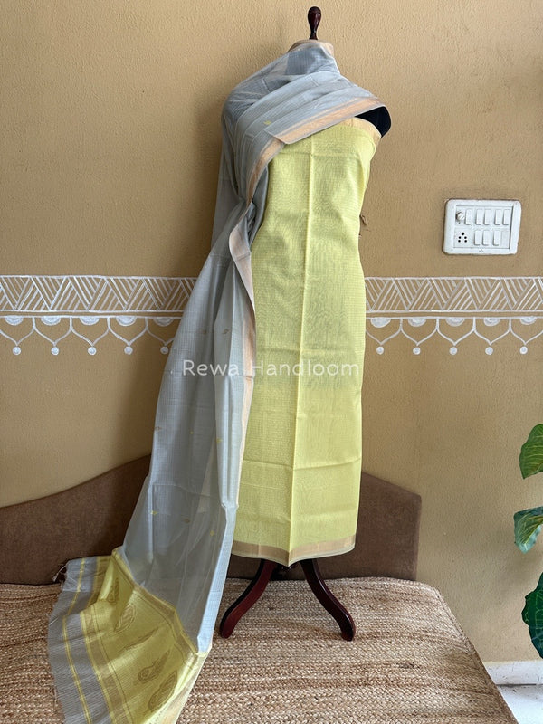 Maheshwari Light Yellow-Grey Motifs Top-Dupatta Set PST0117