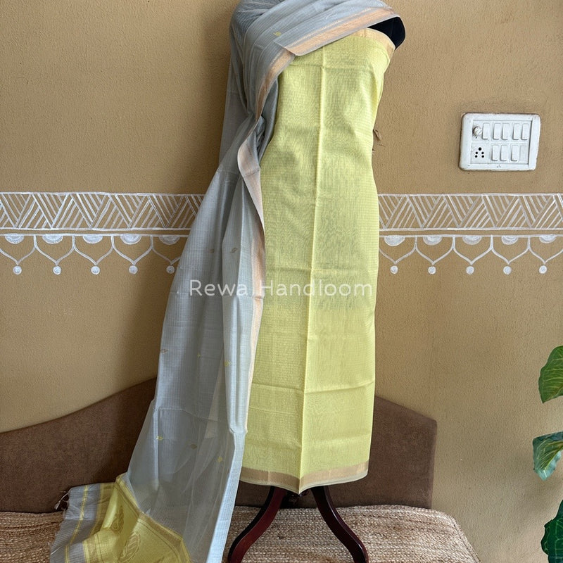 Maheshwari Light Yellow-Grey Motifs Top-Dupatta Set PST0117