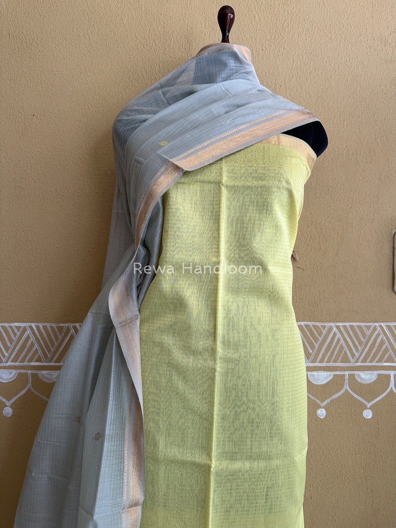 Maheshwari Light Yellow-Grey Motifs Top-Dupatta Set PST0117