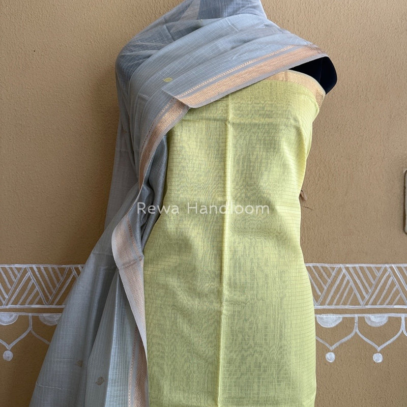 Maheshwari Light Yellow-Grey Motifs Top-Dupatta Set PST0117