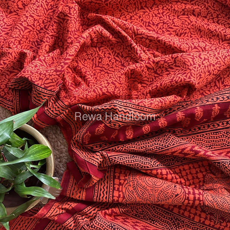 Orange Bagh Print Cotton Saree NCBP100