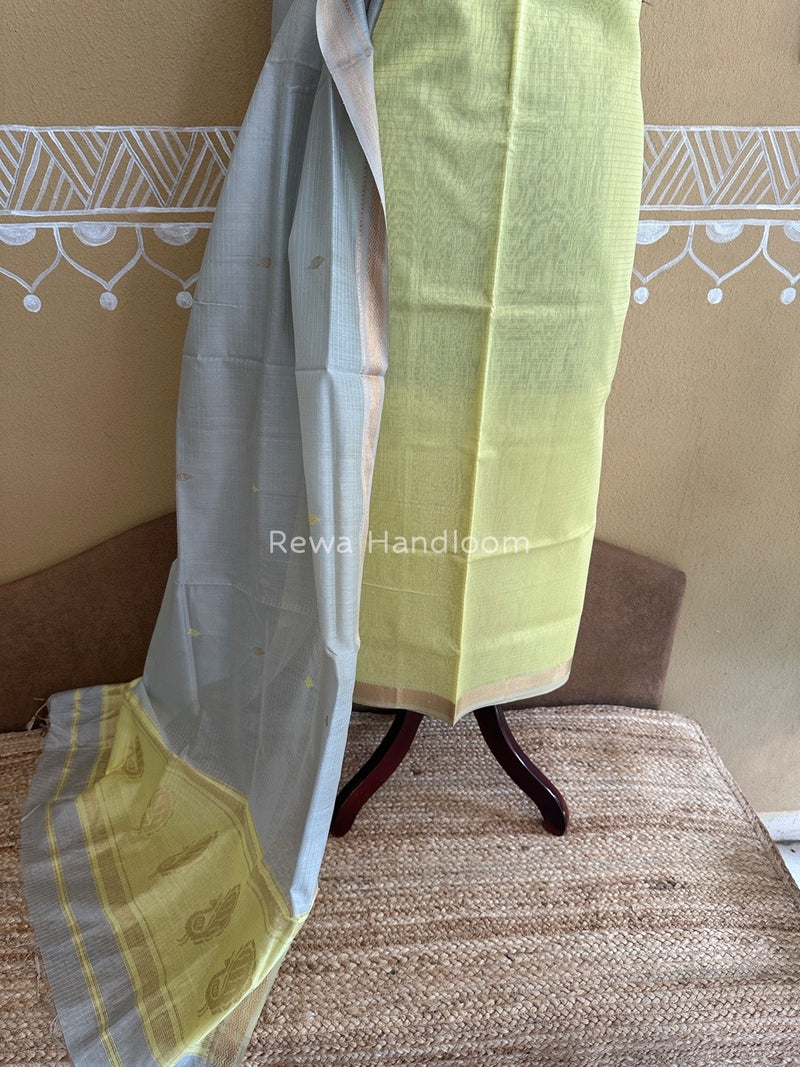 Maheshwari Light Yellow-Grey Motifs Top-Dupatta Set PST0117