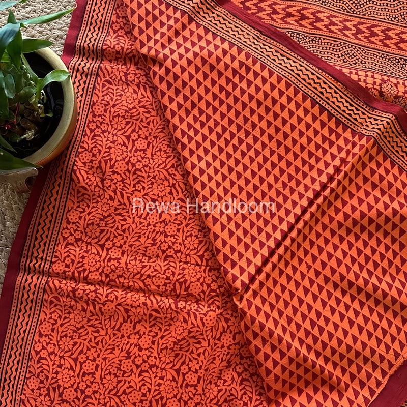 Orange Bagh Print Cotton Saree NCBP100