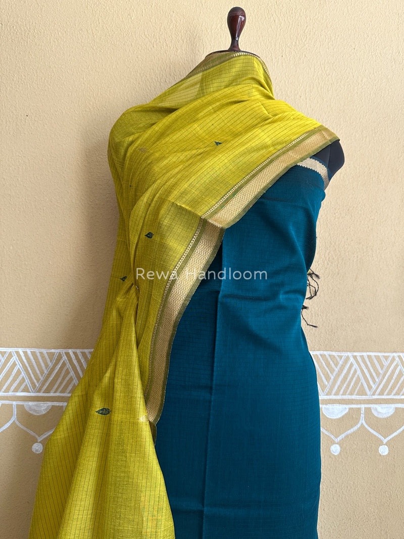 Maheshwari Rama Green-Mustard Yellow Motifs Top-Dupatta Set PST0132