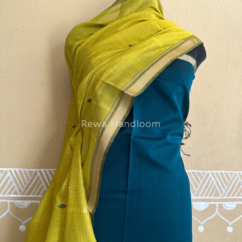Maheshwari Rama Green-Mustard Yellow Motifs Top-Dupatta Set PST0132