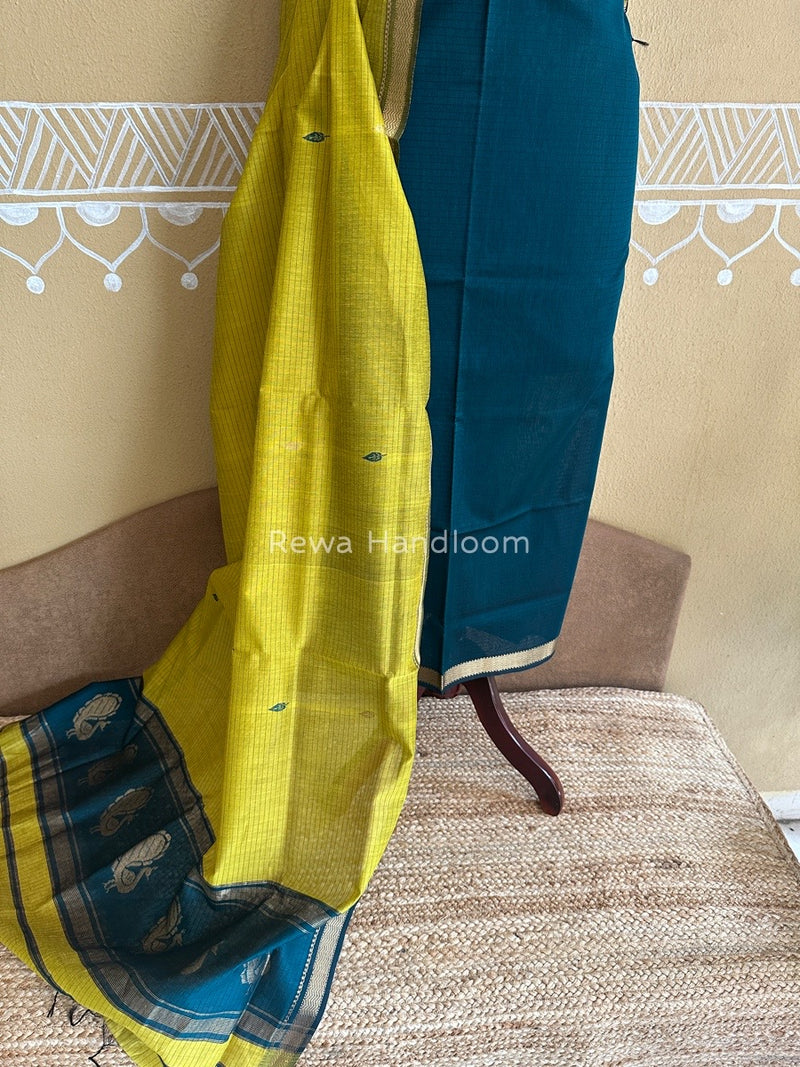 Maheshwari Rama Green-Mustard Yellow Motifs Top-Dupatta Set PST0132