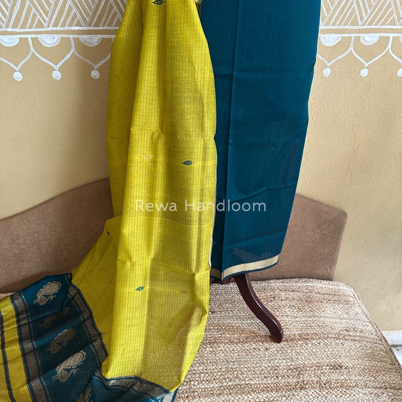 Maheshwari Rama Green-Mustard Yellow Motifs Top-Dupatta Set PST0132