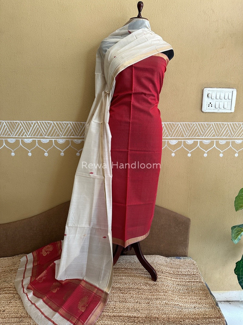 Maheshwari Red-Off White Motifs Top-Dupatta Set PST0118