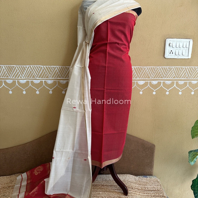 Maheshwari Red-Off White Motifs Top-Dupatta Set PST0118