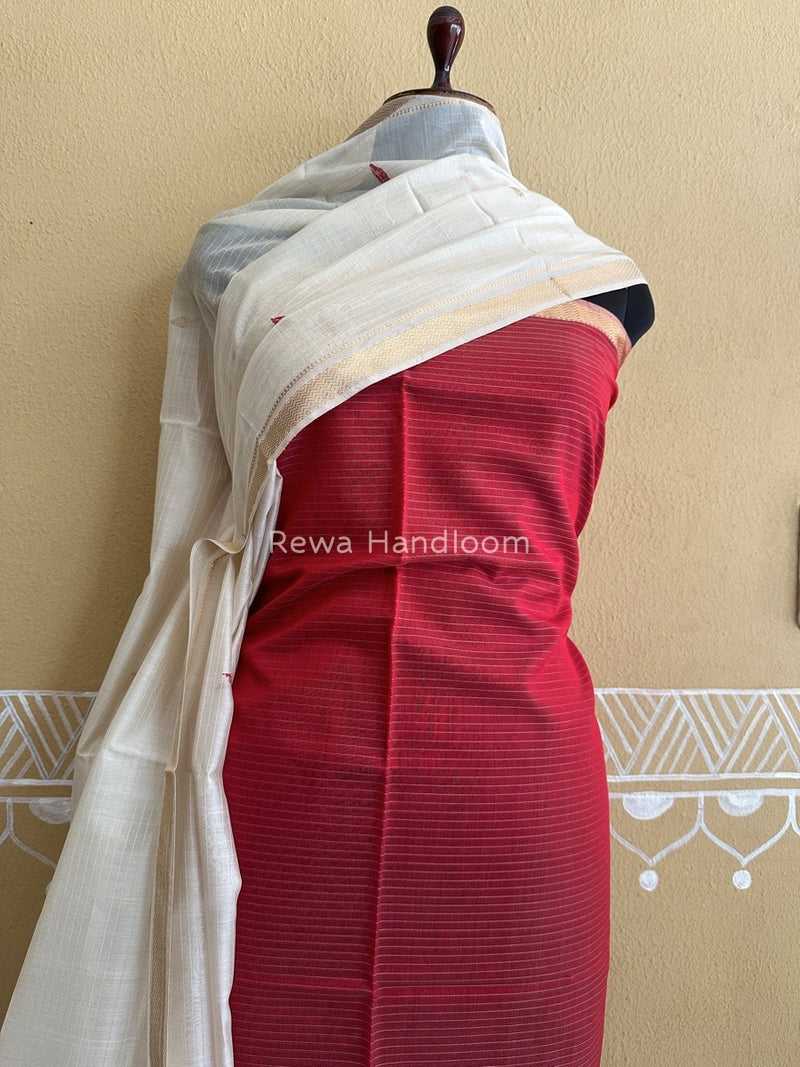Maheshwari Red-Off White Motifs Top-Dupatta Set PST0118