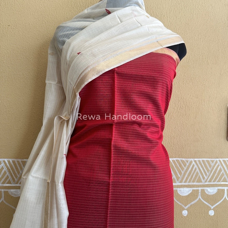 Maheshwari Red-Off White Motifs Top-Dupatta Set PST0118