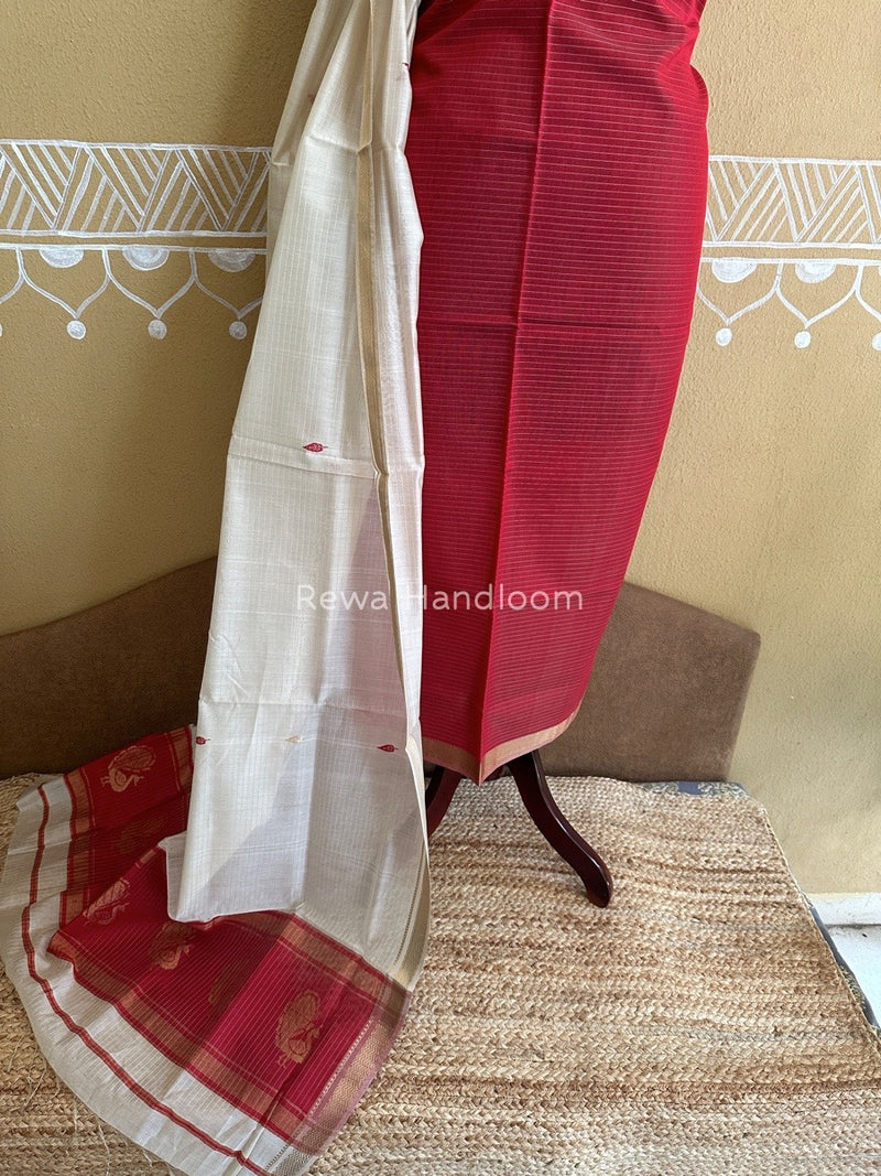 Maheshwari Red-Off White Motifs Top-Dupatta Set PST0118