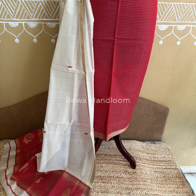 Maheshwari Red-Off White Motifs Top-Dupatta Set PST0118