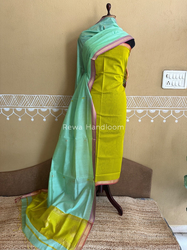 Maheshwari Mustard Yellow-Aqua Green Motifs Top-Dupatta Set PST0125