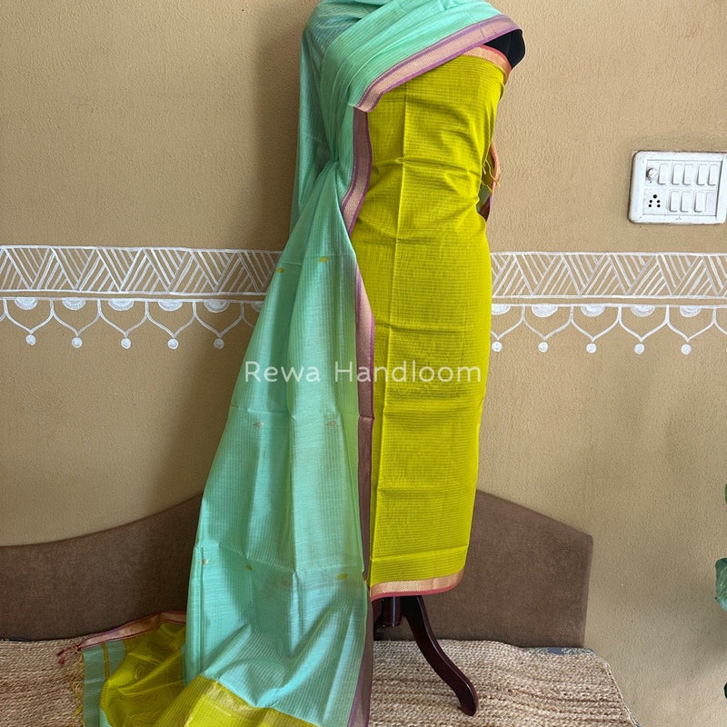 Maheshwari Mustard Yellow-Aqua Green Motifs Top-Dupatta Set PST0125