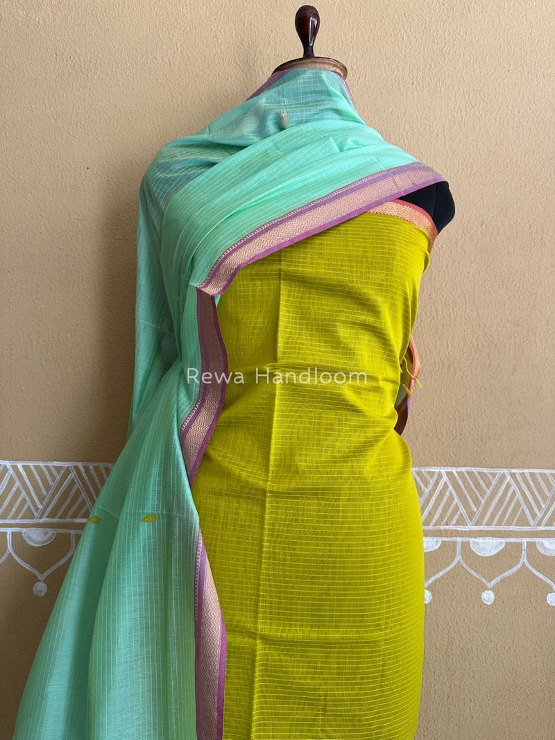 Maheshwari Mustard Yellow-Aqua Green Motifs Top-Dupatta Set PST0125