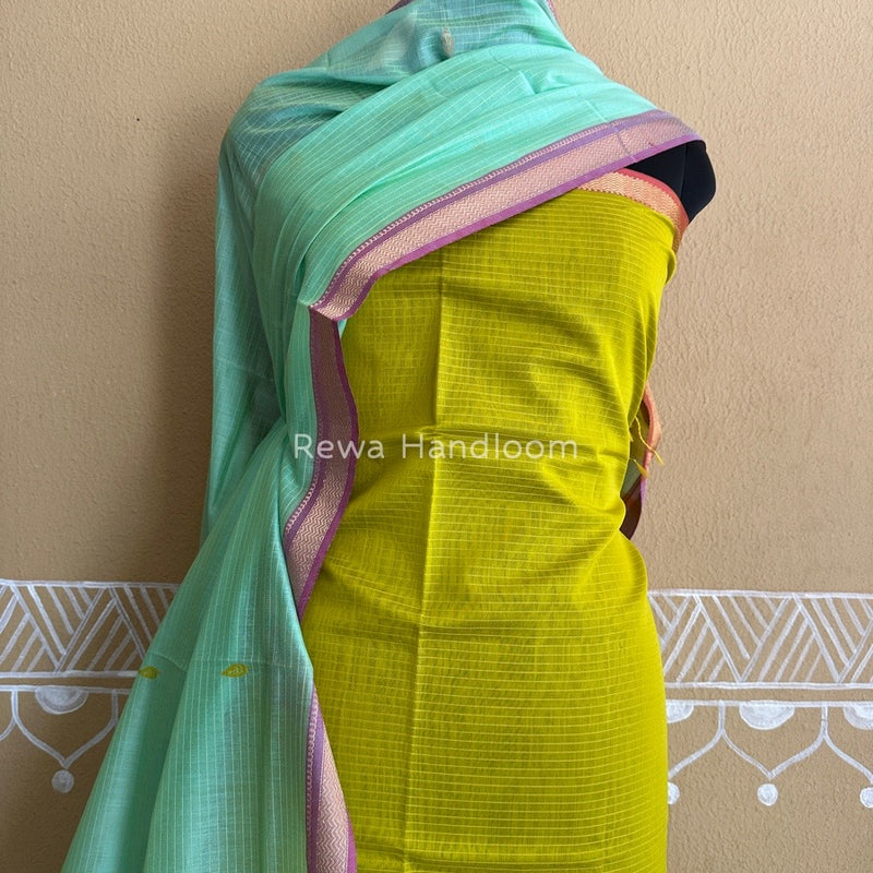 Maheshwari Mustard Yellow-Aqua Green Motifs Top-Dupatta Set PST0125
