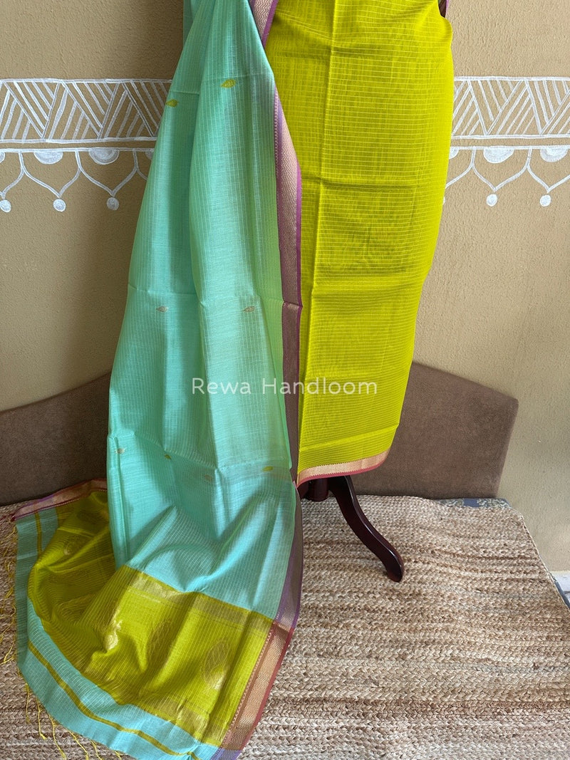 Maheshwari Mustard Yellow-Aqua Green Motifs Top-Dupatta Set PST0125