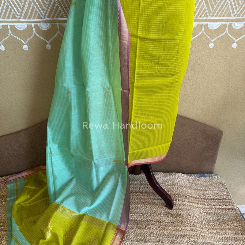 Maheshwari Mustard Yellow-Aqua Green Motifs Top-Dupatta Set PST0125