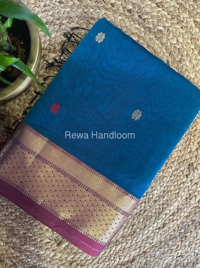 Dark Sky Blue Zari Butti Maheshwari Saree JBS058